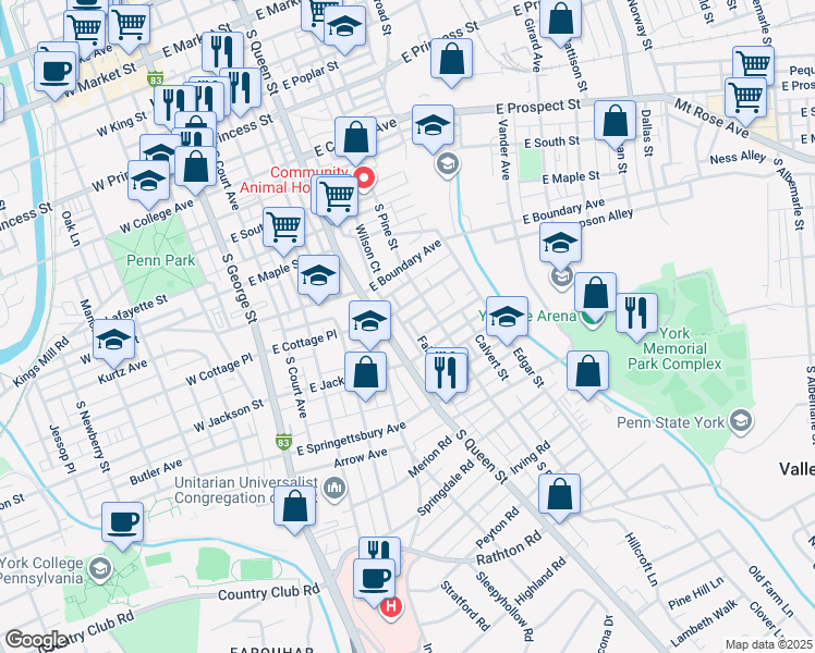 map of restaurants, bars, coffee shops, grocery stores, and more near 733 South Queen Street in York