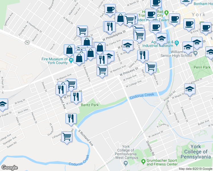 map of restaurants, bars, coffee shops, grocery stores, and more near 601 West College Avenue in York