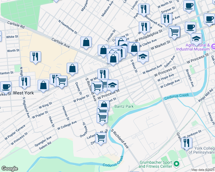 map of restaurants, bars, coffee shops, grocery stores, and more near 806 School Place in York