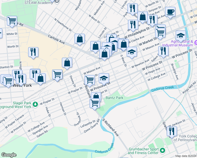 map of restaurants, bars, coffee shops, grocery stores, and more near 806 School Place in York