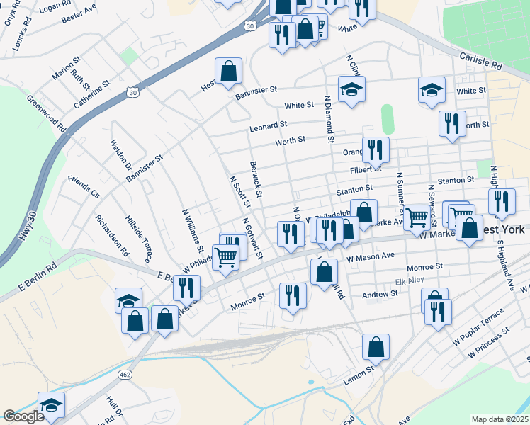 map of restaurants, bars, coffee shops, grocery stores, and more near 2039 West Philadelphia Street in York