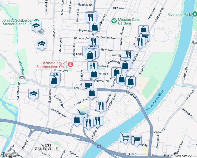 map of restaurants, bars, coffee shops, grocery stores, and more near 526 Thurman Street in Zanesville