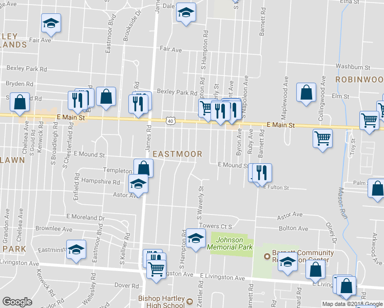 map of restaurants, bars, coffee shops, grocery stores, and more near 864 South Hampton Road in Columbus