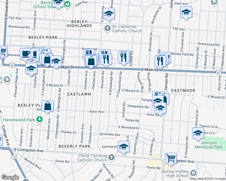 map of restaurants, bars, coffee shops, grocery stores, and more near 803 South Broadleigh Road in Columbus