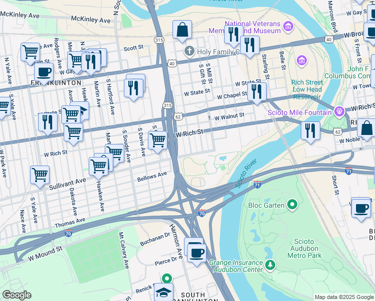 map of restaurants, bars, coffee shops, grocery stores, and more near 645 Sullivant Avenue in Columbus