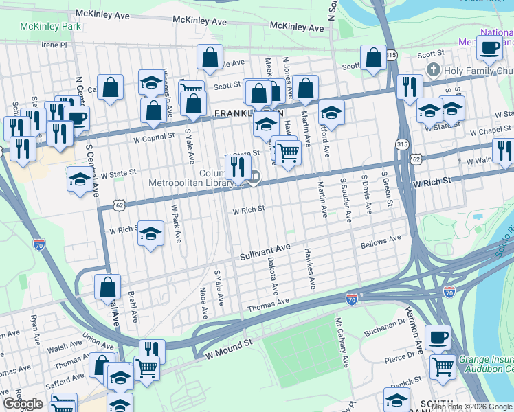map of restaurants, bars, coffee shops, grocery stores, and more near in Columbus
