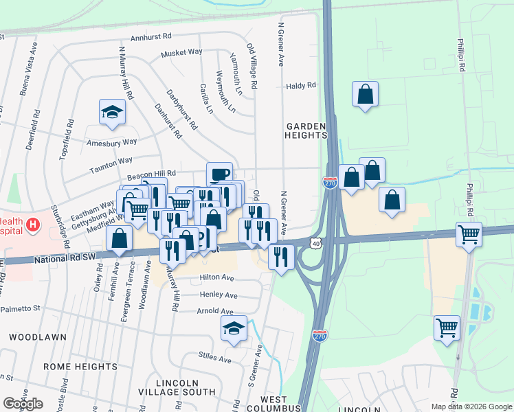 map of restaurants, bars, coffee shops, grocery stores, and more near 123 Old Village Road in Columbus