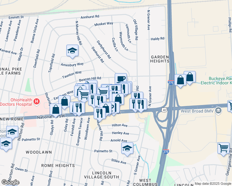 map of restaurants, bars, coffee shops, grocery stores, and more near 4730 West Broad Street in Columbus
