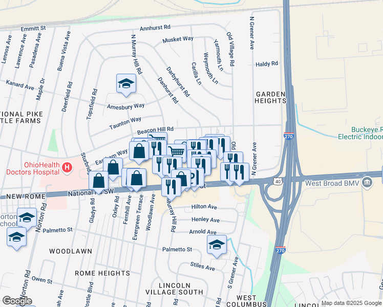 map of restaurants, bars, coffee shops, grocery stores, and more near 4730 West Broad Street in Columbus