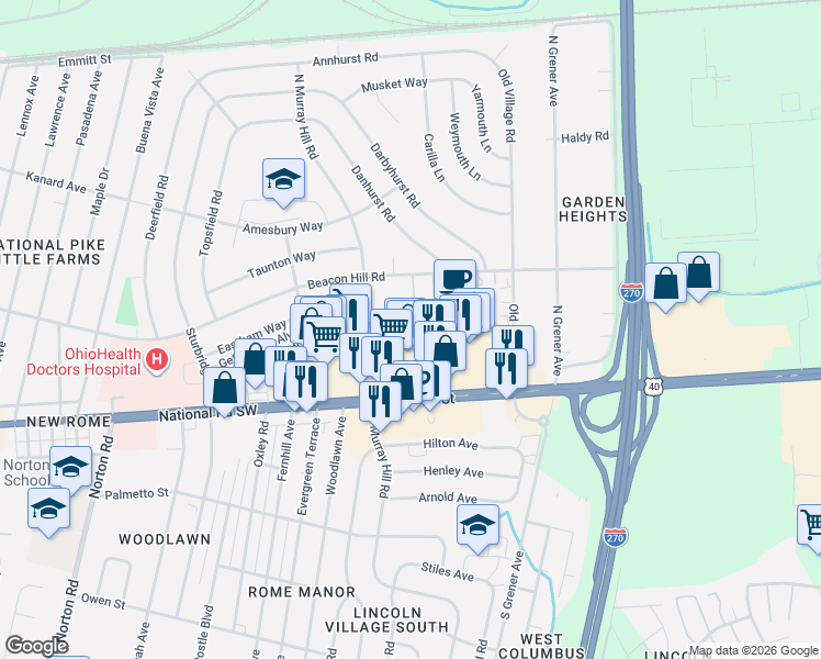 map of restaurants, bars, coffee shops, grocery stores, and more near 100 North Murray Hill Road in Columbus