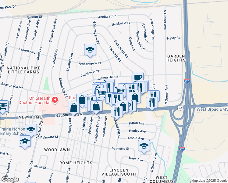 map of restaurants, bars, coffee shops, grocery stores, and more near 91 North Murray Hill Road in Columbus
