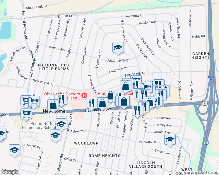 map of restaurants, bars, coffee shops, grocery stores, and more near 4979 Eastham Way in Columbus