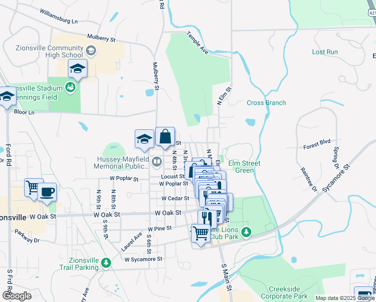 map of restaurants, bars, coffee shops, grocery stores, and more near 265 North 3rd Street in Zionsville