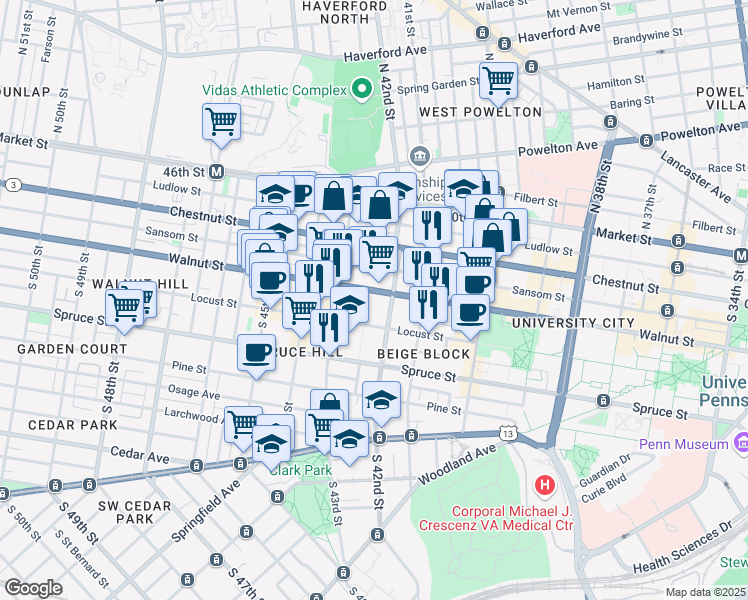map of restaurants, bars, coffee shops, grocery stores, and more near 4212 Walnut Street in Philadelphia