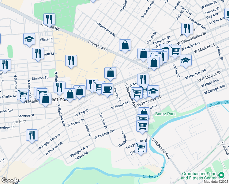 map of restaurants, bars, coffee shops, grocery stores, and more near 26 Dewey Street in West York