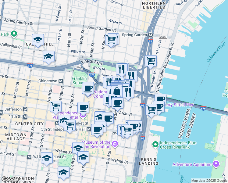 map of restaurants, bars, coffee shops, grocery stores, and more near 313 Race Street in Philadelphia