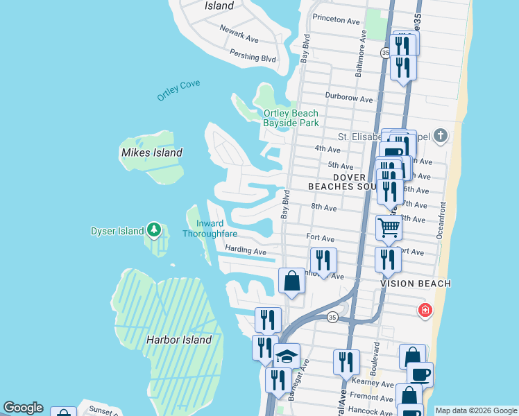 map of restaurants, bars, coffee shops, grocery stores, and more near 417 8th Avenue in Seaside Heights