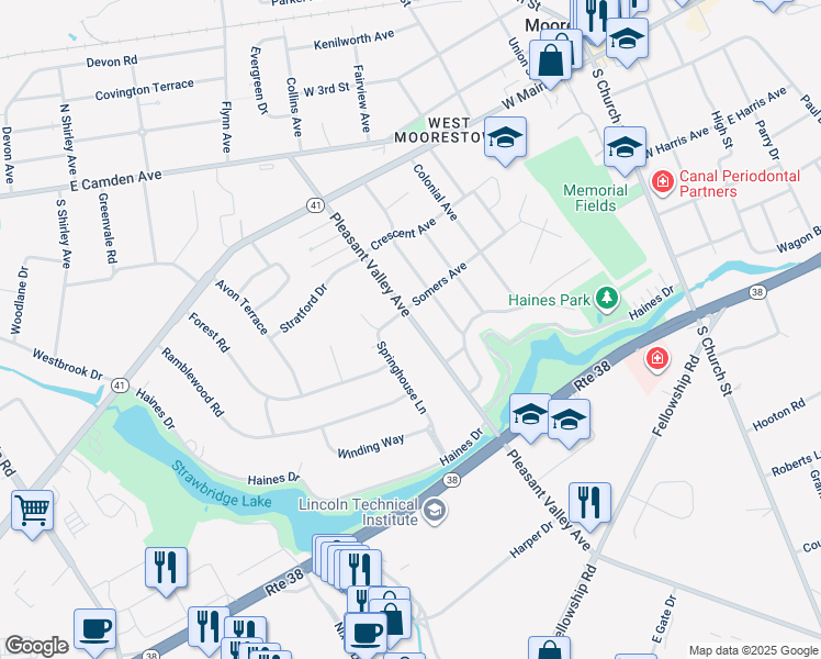 map of restaurants, bars, coffee shops, grocery stores, and more near 310 Pleasant Valley Avenue in Moorestown
