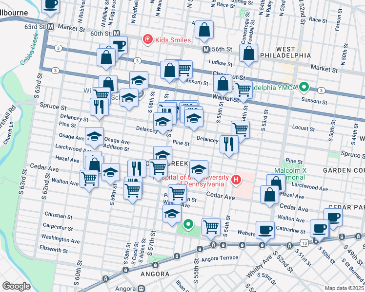 map of restaurants, bars, coffee shops, grocery stores, and more near 5616 Pine Street in Philadelphia