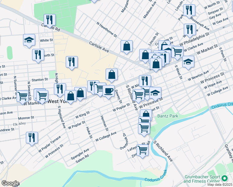 map of restaurants, bars, coffee shops, grocery stores, and more near 26 Dewey Street in West York