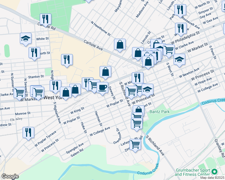 map of restaurants, bars, coffee shops, grocery stores, and more near 31 Dewey Street in West York