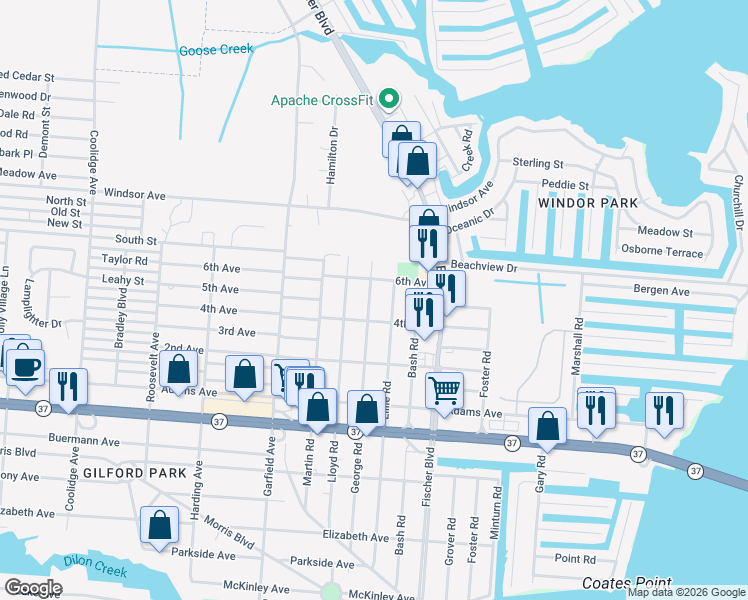 map of restaurants, bars, coffee shops, grocery stores, and more near 559 George Road in Toms River