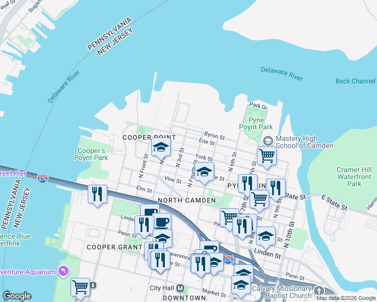 map of restaurants, bars, coffee shops, grocery stores, and more near 837 North Fourth Street in Camden