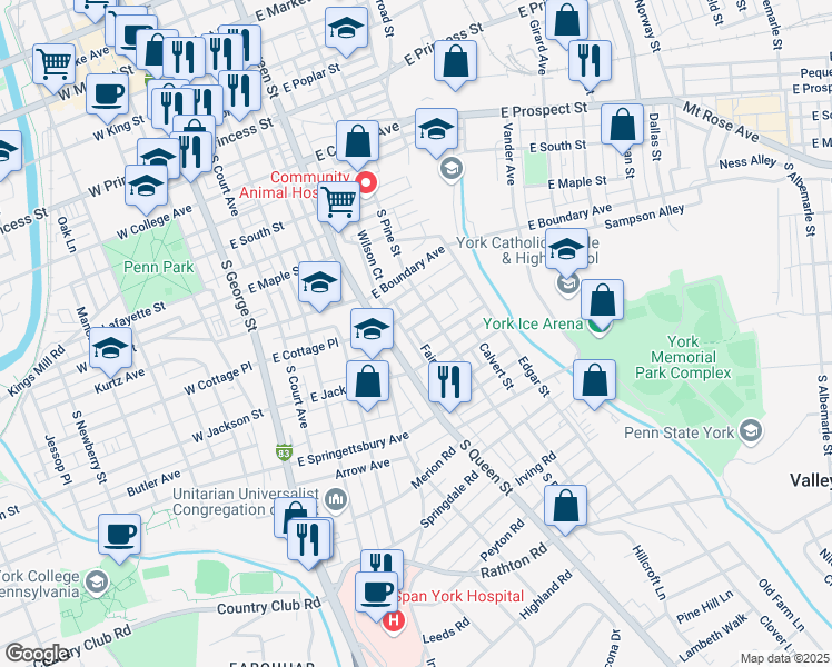 map of restaurants, bars, coffee shops, grocery stores, and more near 719 Susquehanna Avenue in York