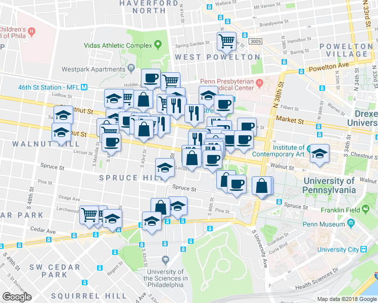 map of restaurants, bars, coffee shops, grocery stores, and more near Walnut Street & South 41st Street in Philadelphia