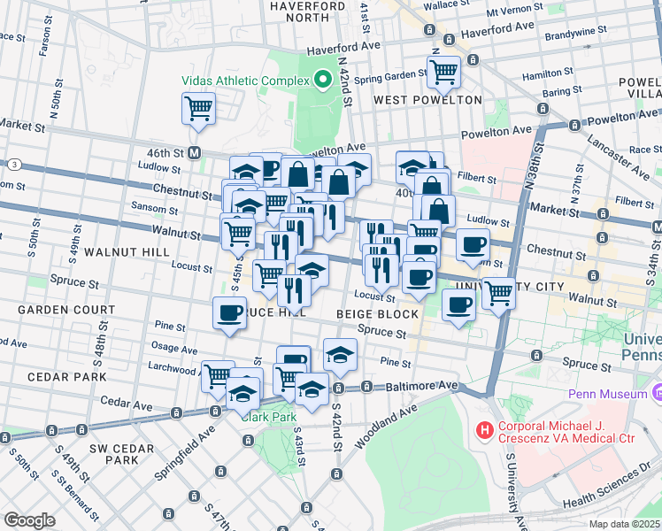 map of restaurants, bars, coffee shops, grocery stores, and more near 4216 Walnut Street in Philadelphia