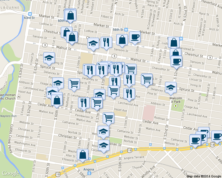 map of restaurants, bars, coffee shops, grocery stores, and more near 5618 Pine Street in Philadelphia