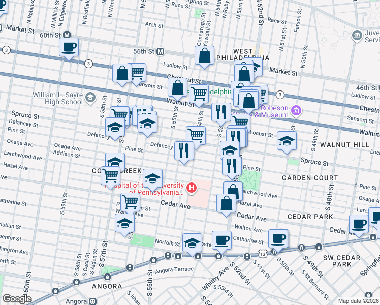 map of restaurants, bars, coffee shops, grocery stores, and more near 5428 Pine Street in Philadelphia