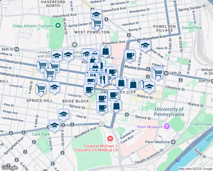 map of restaurants, bars, coffee shops, grocery stores, and more near 126 South 39th Street in Philadelphia