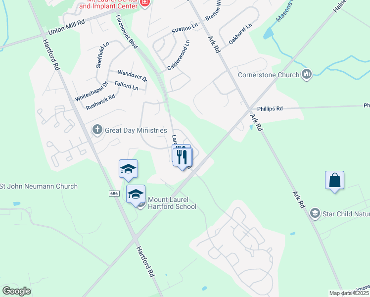 map of restaurants, bars, coffee shops, grocery stores, and more near 1908B Ralston Drive in Mount Laurel Township
