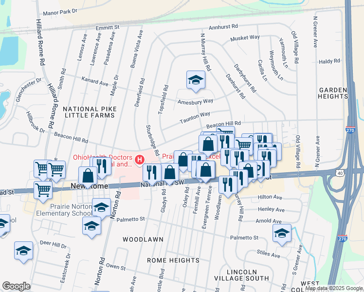 map of restaurants, bars, coffee shops, grocery stores, and more near 4914 Eastham Way in Columbus