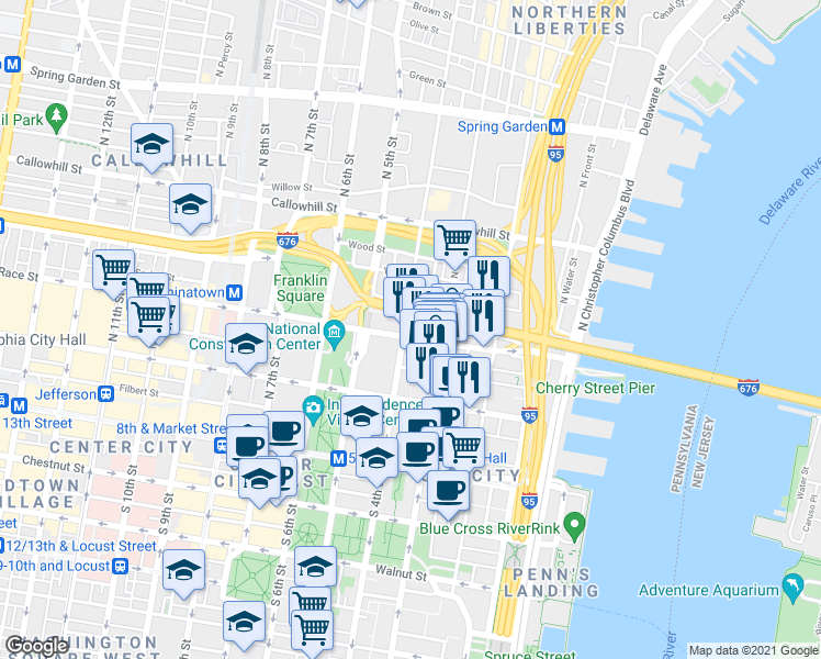 map of restaurants, bars, coffee shops, grocery stores, and more near 209 North 4th Street in Philadelphia