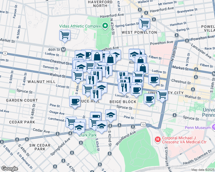 map of restaurants, bars, coffee shops, grocery stores, and more near 4216 Walnut Street in Philadelphia