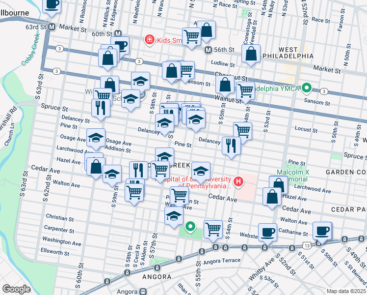 map of restaurants, bars, coffee shops, grocery stores, and more near 5618 Pine Street in Philadelphia
