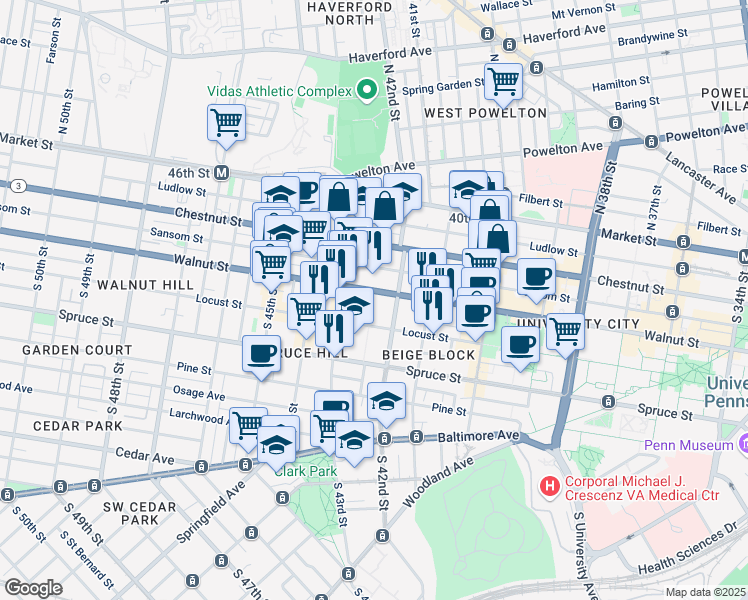 map of restaurants, bars, coffee shops, grocery stores, and more near 4218 Walnut Street in Philadelphia