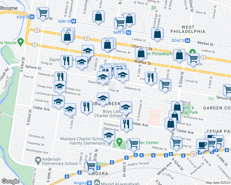 map of restaurants, bars, coffee shops, grocery stores, and more near 5616 Pine Street in Philadelphia