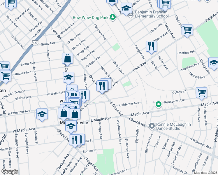 map of restaurants, bars, coffee shops, grocery stores, and more near 6528 Park Avenue in Pennsauken Township