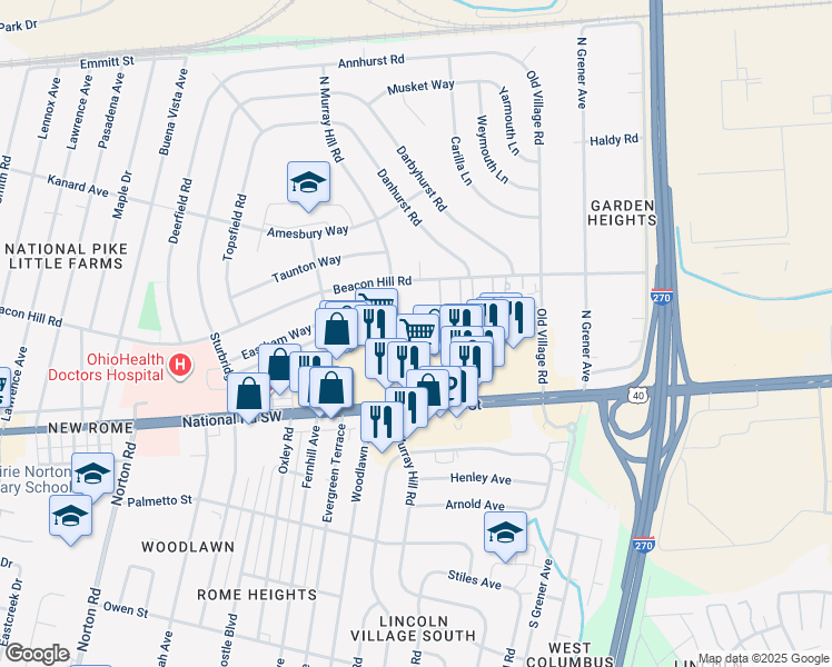 map of restaurants, bars, coffee shops, grocery stores, and more near 100 North Murray Hill Road in Columbus