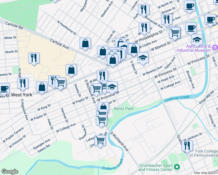 map of restaurants, bars, coffee shops, grocery stores, and more near 811 West Poplar Street in York