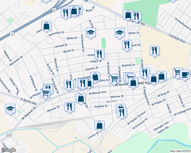 map of restaurants, bars, coffee shops, grocery stores, and more near 52 North Clinton Street in West York