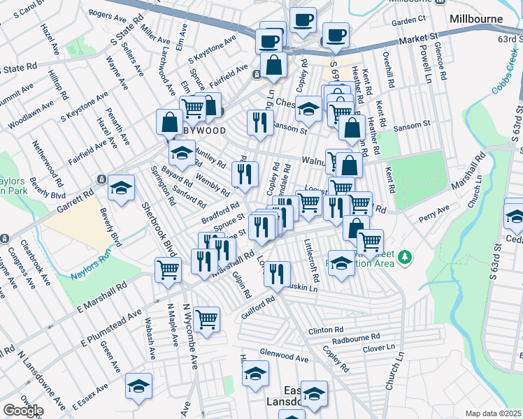 map of restaurants, bars, coffee shops, grocery stores, and more near 306 Copley Road in Upper Darby