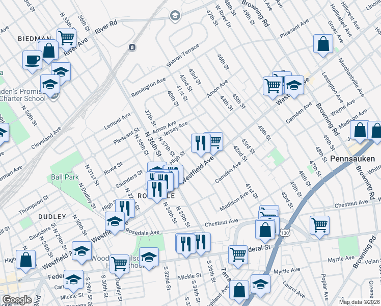 map of restaurants, bars, coffee shops, grocery stores, and more near 5000 North Crescent Boulevard in Pennsauken Township