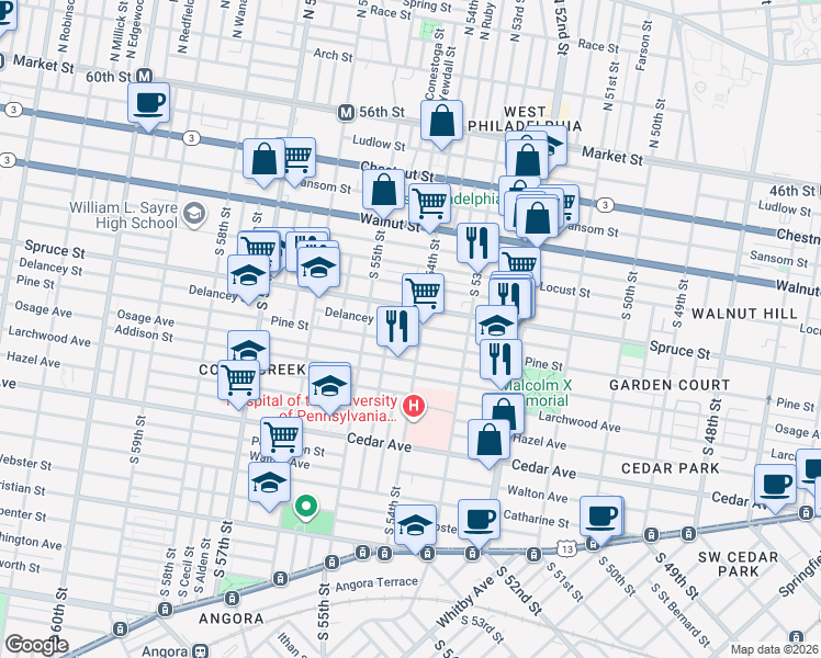 map of restaurants, bars, coffee shops, grocery stores, and more near 5428 Pine Street in Philadelphia