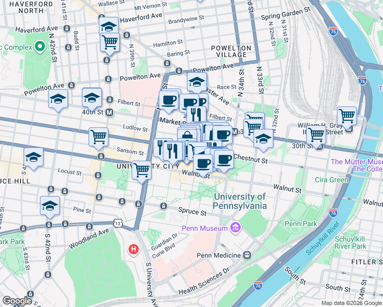 map of restaurants, bars, coffee shops, grocery stores, and more near 3600 Chestnut Street in Philadelphia