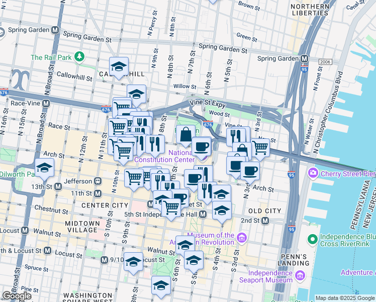 map of restaurants, bars, coffee shops, grocery stores, and more near 190 North Independence Mall West in Philadelphia