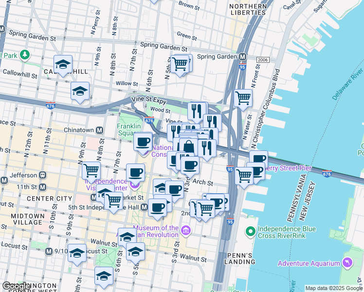 map of restaurants, bars, coffee shops, grocery stores, and more near 210 Locust Street in Philadelphia